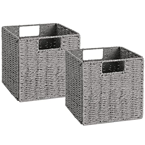 Vagusicc Wicker Storage Basket, Set of 2 Hand-Woven Storage Baskets for Shelves with Handles, Foldable Cube Storage Baskets Bins Organizer 13 inch Large Wicker Baskets for Pantry Bedroom Decor, Grey - color: Grey, size: 13'' x 13'' x 13''