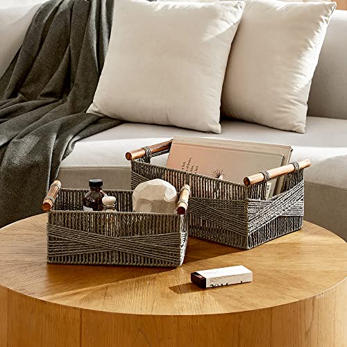 LA JOLIE MUSE Wicker Storage Baskets for Organizing, Recyclable Paper Rope Basket with Wood Handles, Decorative Hand Woven Basket Organizers for Makeup Books Shelves Living Room, Grey, Set of 2 - color: Grey