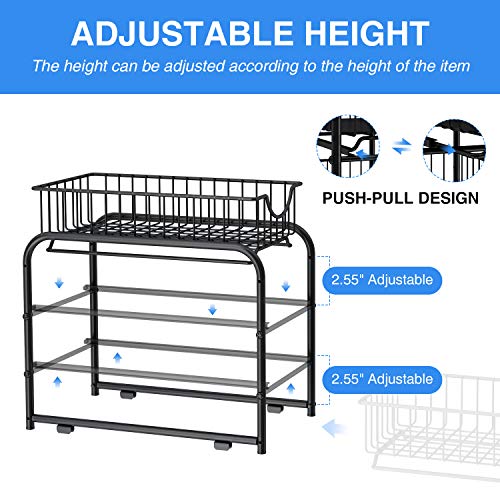 AIYAKA Pull-out Cabinet Organizer, Stackable 2-tier Under Sink Rack, with Sliding Storage Drawer for Pantry, and Desktop, for Bathroom, Kitchen, Office, Black