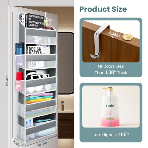 Sturdiness Over The Door Organizer, 5 Shelves & 8 Side Pockets,Anti Tilt Hanging Behind Door Storage, Heavy-Duty Reinforced Mesh Rack Holds 44lb for Bathroom,Pantry, Nursery,Closet, Shoes, Towels - color: Grey, size: 5 shelf