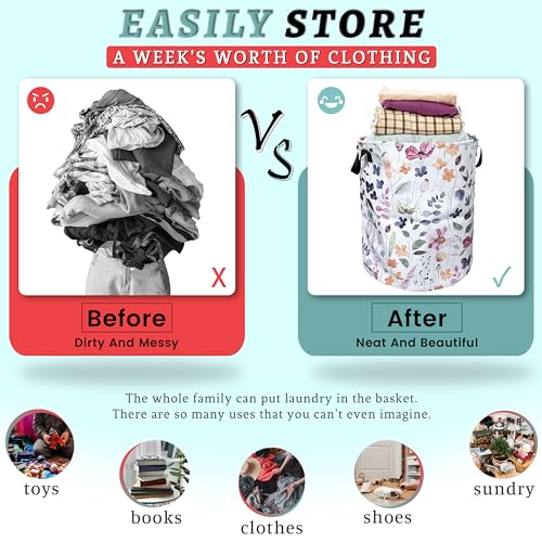 Watercolor Floral Laundry Basket Foldable With Handles Tote Bag Oxford Cloth Cute Flowers Laundry Hamper Clothes Storage Bucket Toy Organizer 18.9" x 16.5" For Bathroom/Laundry/Bedroom - color: Watercolor Floral Bright Flowers