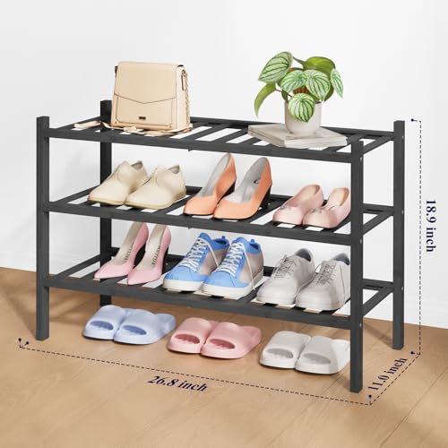 Kitsure Bamboo Wooden Shoe Rack for Closet - Stackable Shoe Organizer with Modular Structure, Space-Saving Shoe Shelf for Entryway, Living Room, Bedroom, 26.8" Wide - 3 Tiers, Black - color: Black, size: 26.8"Wide - 3 Tiers
