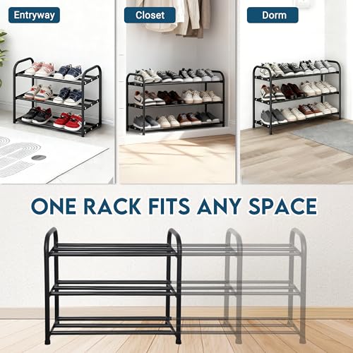 LOFTEY 3-Tier Expandable Shoe Rack, Adjustable Metal Shoe Organizer Shelf, Small Shoe Rack for Closet, Entryway, Front Door, 18"-30.5" Wide, Black