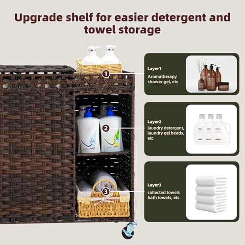 Laundry Hamper with Lid, 160L Rattan Wicker Laundry Basket with Wheels, Handwoven Laundry Hamper 3-Section with Storage shelf(42.3 Gal), Laundry Sorter Basket with Removable Liner,Brown HLH033BR - color: Brown, size: 33.5”L x 13”W x26.4”H