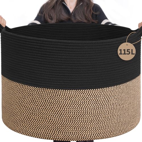 INDRESSME 115L Extra Large Storage Baskets for Organizing, Blanket Basket Living Room Dog Toy Bin, Wicker Storage Woven Laundry Basket for Pillows, Towel Shoes Entryway, Mix Black - color: Black & Mix Camel, size: 23.6"D x 15.7"H