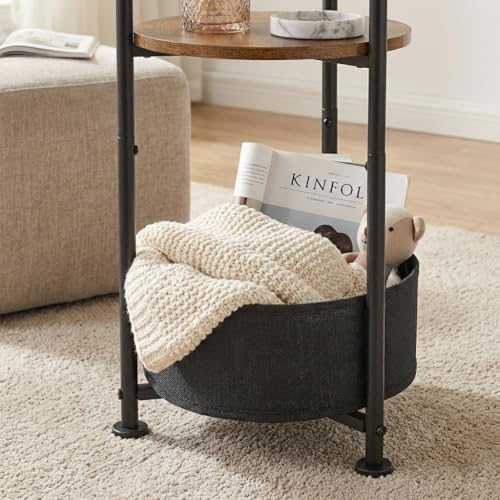 Small Round Side Table with Storage Basket, 3-Tier Narrow End Table Nightstand for Living Room Bedroom, 11.8" Diameter Modern Bedside Table for Small Spaces, Wood Grain & Metal Frame (Rustic Brown) - color: Rustic Brown