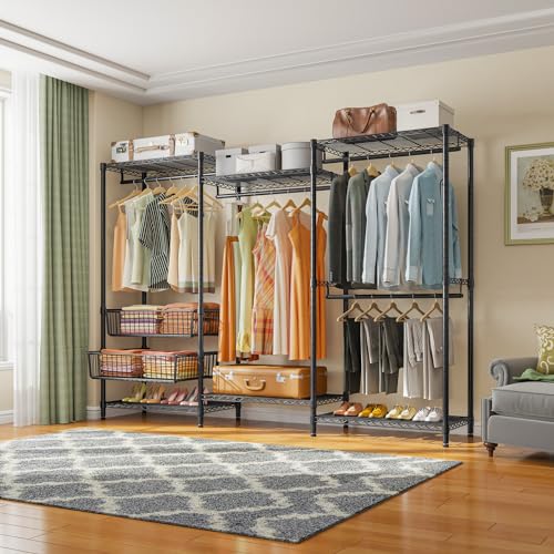 VIPEK V10 Garment Rack Large Size Heavy Duty Clothes Rack with Hanging Rods, Adjustable Shelves & 2 Slid Storage Baskets, Wire Clothing Rack 68.9" W x 15.7" D x 76.4" H, Max Load 920 LBS, Black - color: Black