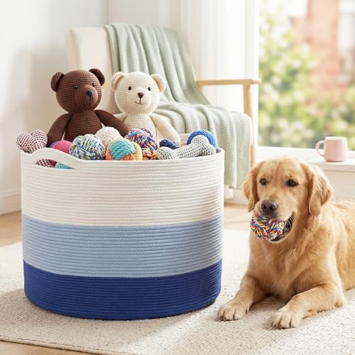 XXXXL 125L Extra Large Blanket Basket, 23.6" x 16.9" Jumbo Woven Cotton Rope Storage Basket with Handles, Laundry Hamper, Toy Storage for Living & Play Room(White, Blue & Dark Blue) - color: White, Blue & Dark Blue