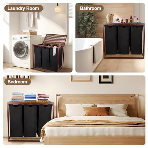 Bamboo Laundry Hamper 3 Section with Lid, 150 L Laundry Sorter with Pull-Out Removable Washable Bags, 3 × 12.5 Gal Divided Laundry Baskets for Laundry Room, Bathroom (Black)