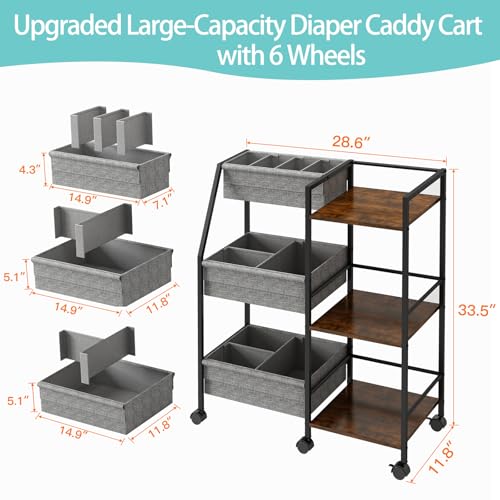 Baby Diaper Caddy Organizer Cart, 3-Tier Rolling Wheels Cart with Dividers and Shelves, Bedside Utility Cart for Nursery Essentials, Large Capacity Mobile Storage Cart for Crib, Bedroom - color: Grey