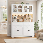 HIFIT 71" LED Kitchen Pantry Cabinet with Power Outlet, Large Kitchen Hutch Storage Cabinet with Arched Door & Shelves & 2 Drawers, Tall Modern Coffee Bar with Hutch for Home Dining Living Room, White - color: White