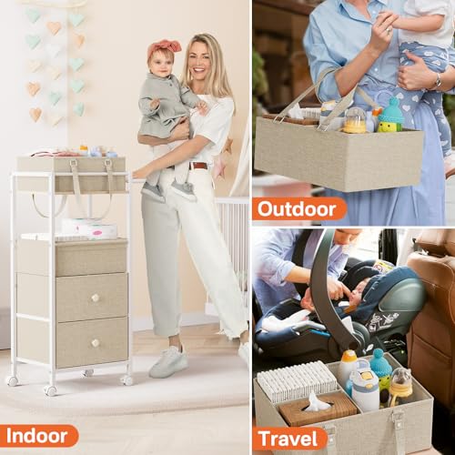 Modanais Baby Diaper Caddy Organizer Cart with Drawers - 3In1 Rolling Storage Cart with Wheels, Removable Diaper Caddy, Detachable Dividers - for Crib, Bedroom, Art & Craft Organizer (Off White) - color: Off White