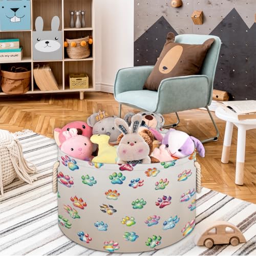Pardick Cute Paw Skin Large Round Storage Basket Collapsible Circle Storage Bin Laundry Hamper With Handle for Kids Toy Blanket Clothes Towel Living Room Nursery Storage Organizer Decor - color: Print 11