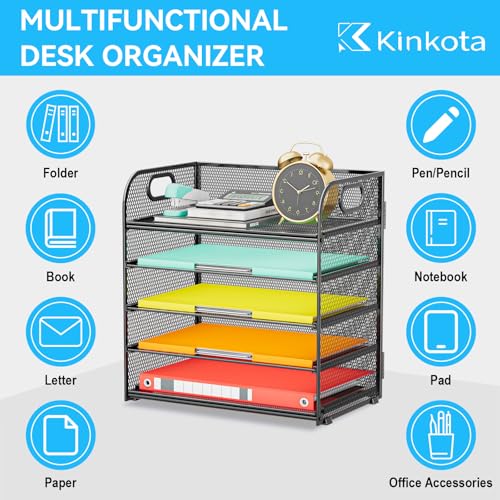 Paper Organizer Letter Tray with Handle, 5-Tier Black Stackable Desk Organizer with Metal Mesh, Sturdy Paper Tray for Office Desk, Home & Classroom Supplies Storage - color: Black, size: 12.6" x 9.1" x 13.4"