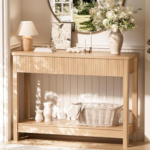 INNOD Entryway Table with Storage, 40" Fluted Console Table with Drawers, Narrow Console Table for Entryway, Sofa Table Behind Couch, Wood Hallway Table for Living Room, Foyer, Small Space (Light Oak)