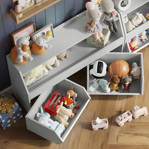Fulhope Toy Storage Organizer for Kids, Toy Storage Cabinet with Drawers, Boys and Girls Toy Shelf with Wheels, Toy Organizer Kids Bookshelf with Storage for Nursery, Playroom, Bedroom (Light Grey) - color: Light Grey