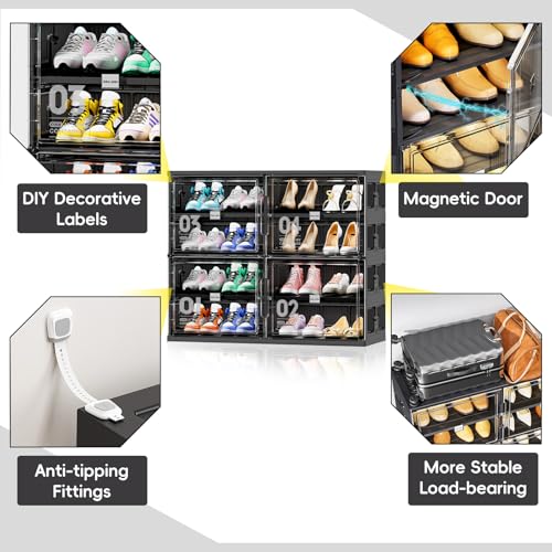 JEKO&JEKO 4 Tiers Foldable Shoe Rack Organizer Cabinet for Closet Entryway, Large Collapsible Shoe Storage Box with Magnetic Doors Fits Up to 16 Pairs (Black) - color: Double-row, size: 4 Tiers