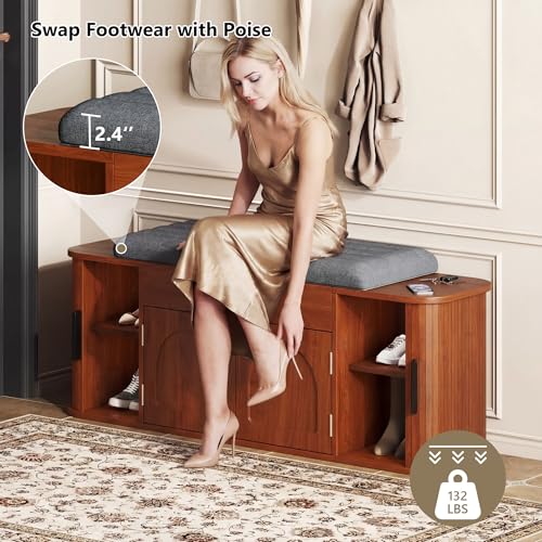 Einhomn 47.2'' Sliding Door Entryway Shoe Storage Bench with Seat Cushion, Shoe Rack with Lift-Top Hidden Storage & Adjustable Shelf, Bench for Bedroom End of Bed, Walnut - color: Walnut