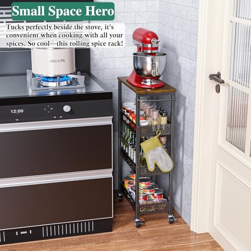OKZEST Utility Slim Storage Cart, 4-Tier Narrow Bathroom Organizer and Storage Cart, Metal Narrow Kitchen Laundry Room Organization Rack with Wood Top, Slim Rolling Shelf with Wheels for Small Space - color: Black, size: 9.1 inch wide
