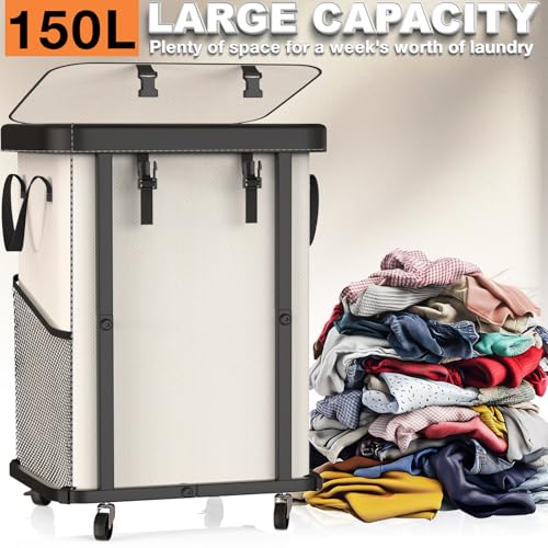 150L (40 Gal) Large Fashion Laundry Basket with Wheels, Leather Patchwork Rolling Hamper Carts, Sturdy Metal Frame, Removable Washable Bag, Tall Clothes Sorter for Bedroom, Laundry Room - Beige - color: Beige, size: 1 Section-150L