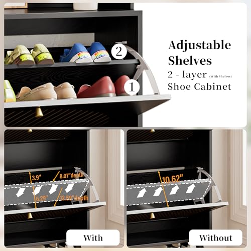 Fsbecl Shoe Cabinet for Entryway with 2 Flip Drawers & Coat Rack, Narrow Hidden Shoe Storage Cabinet with Fluted Panel, 2-in-1 Hall Tree Slim Freestanding Shoe Rack Organizer for Hallway, Black - color: Black- Double Layer With Rack
