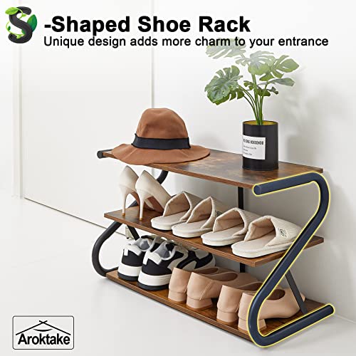 3-Tier Shoe Rack, Wooden Shoe Storage with S Shape Heavy Duty Metal Free Standing, Shoe Organizer Shelf for Entryway, Living Room, Closet, Bedroom (Rustic) - size: 11.81 x 25.78 x 15.86 Inches