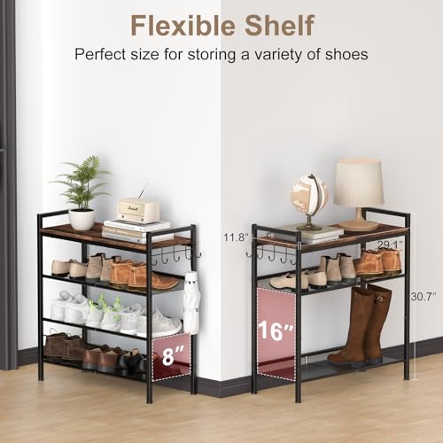 Refrze Shoe Rack for Front Door Entrance, 4 Tier Height-Adjustable Metal Shoe Rack, Sturdy Wooden Top and Tiltable Steel Frame Heavy Duty Shoe Organizer for Bathroom,Bedroom,Kitchen，Include Hook - color: Brown + Black, size: 4-Tier (11.8"D x 29.1"Wx 30.7"