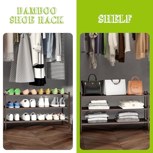 BMOSU 3-Tier Bamboo Extended Shoe Rack Premium Stackable Shoe Shelf Storage Organizer for Hallway Closet Living Room Entryway Organizer(Brown) - color: Brown, size: 3-Tier Long（33.3*11*18.3inches）