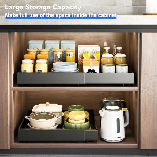 Mustorn 2 Pack Pull Out Cabinet Organizer, Expandable Slide Out Drawers for Kitchen Cabinets Peel and Stick Pullout Drawer Heavy Duty Sliding Shelves for Cupboard, Pantry, Bathroom(16.5" Deep, Black) - color: Black, size: 16.5"D*(12.6-20.5"W)*2.95"H