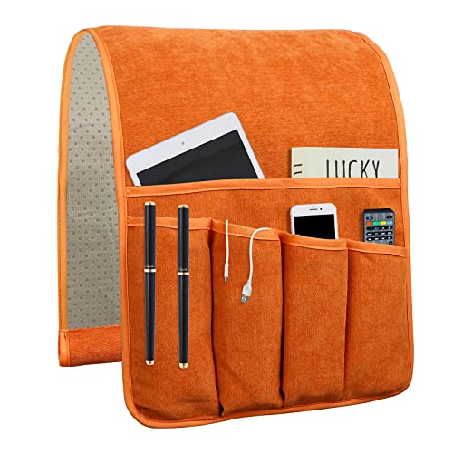 NB Sofa Armrest Organize remote holder bedside caddy organizer with 5 pockets，non-slip couch remote control holder couch armchair caddy accessories (Orange, 35"x12.4") - color: Orange, size: 35"x12.4"