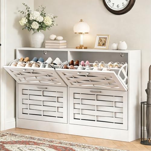 White Shoe Cabinet Storage with 4 Flip Drawers for Entryway, Slim Shoe Rack Cabinet with Woven Design Drawers, Narrow Shoe Organizer for Hallway, Apartment - color: White, size: 4 Drawers