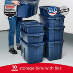 Rubbermaid Roughneck Tote Variety - |Made in the USA| Dark Indigo Metallic, Rugged Plastic Stackable Storage Tote with Lid and Handles (Pack of 10) - size: Variety - 10 Pack