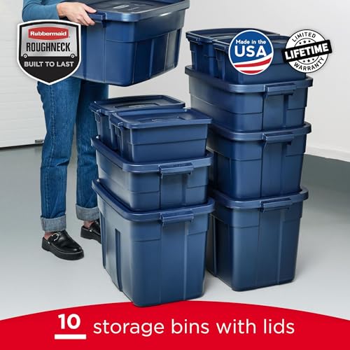 Rubbermaid Roughneck Tote Variety - |Made in the USA| Dark Indigo Metallic, Rugged Plastic Stackable Storage Tote with Lid and Handles (Pack of 10) - size: Variety - 10 Pack