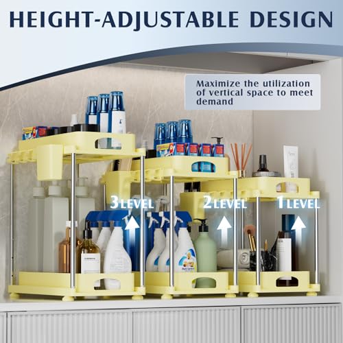 VERIFOST 2 Pack Under Sink Organizers and Storage, Height Adjustable Bathroom Cabinet Organizer, 2 Tier Under Sink Organizer with Hooks, Under Cabinet Organizer for Kitchen Bathroom (Yellow - color: Yellow