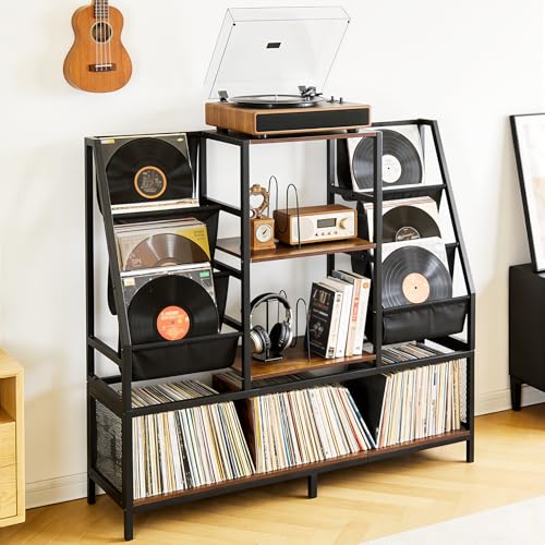 Uieke Large Record Player Stand, Record Holder with Vinyl Record Storage Holds up to 500+ Albums, Media Table with Vinyl Display Shelf & Turntable Stand for Living Room, Bedroom - size: 47.2"L x 11.8"W x 42.2"H