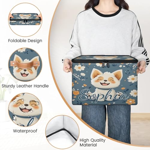 Custom Storage Basket with Name, Personalized Storage Bins with Zipper Lid, Foldable Fabric Storage Box Large capacity with Handle Flower Dog - color: Option 11
