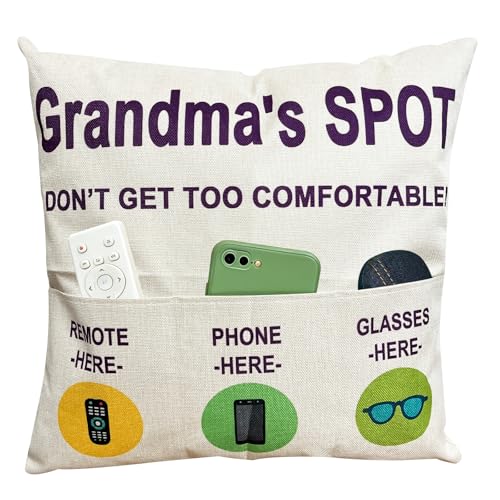 ZUYUROU Grandma Gifts Funny 3 Pocket Throw Pillow Cover for Couch Recliner Sofa, Grandma's Spot Remote Phone Glasses Holder Organizer Cushion Case, Mothers Day, Birthday 18 x 18 Inch - color: Grandma 3-pocket