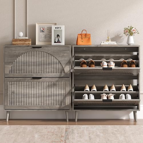 BORNOON Shoe Cabinet for Entryway with 2 Flip Drawers, Slim Wooden Shoe Storage Organizer with Modern Fluted Pannel，Freestanding Narrow Hidden Shoe Rack for Hallway, Foyer, Living Room - color: Grey, size: 2 Flip Drawers
