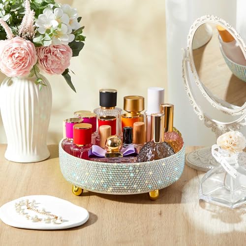 Honeydak White Bling Perfume Makeup Organizer Bling Mother's Day Nurses Day Gifts for Women Bathroom Organizers and Storage 360 Rotating Makeup Organizer for Countertop(Resin Stone) - size: Rhinestone
