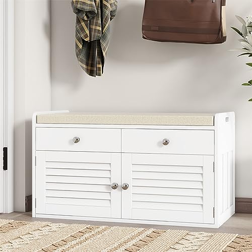 WARMHONIU Shoe Storage Bench with 2 Drawers, Entryway Bench with Cushion, Adjustable Shelves, Shoe Rack Bench with Louvered Doors for Entryway, Bedroom, Hallway, White - color: White, style: 2 Drawers Storage