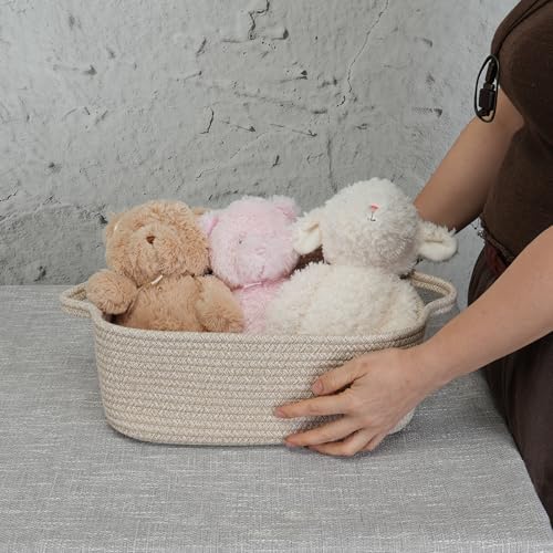 XUANGUO Woven Cotton Rope Storage Basket with Handles for Organizing Shelves Closet Small Cat Dog Pet Toy Baskets Box Bin Decorative Rectangle Baby Nursery Basket Gift Basket Empty oatmeal - color: Oatmeal