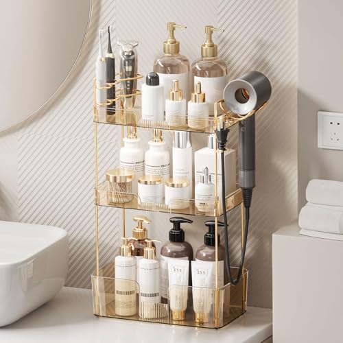 Bathroom Counter Organizer for Vanity, Makeup Organizer Countertop with Holder, Large Capacity Storage Rack, Perfect Large Skincare, Hair Care, Perfume, Easy to Install (Gold, 3Tiers) - color: Amber, size: 3 Tiers