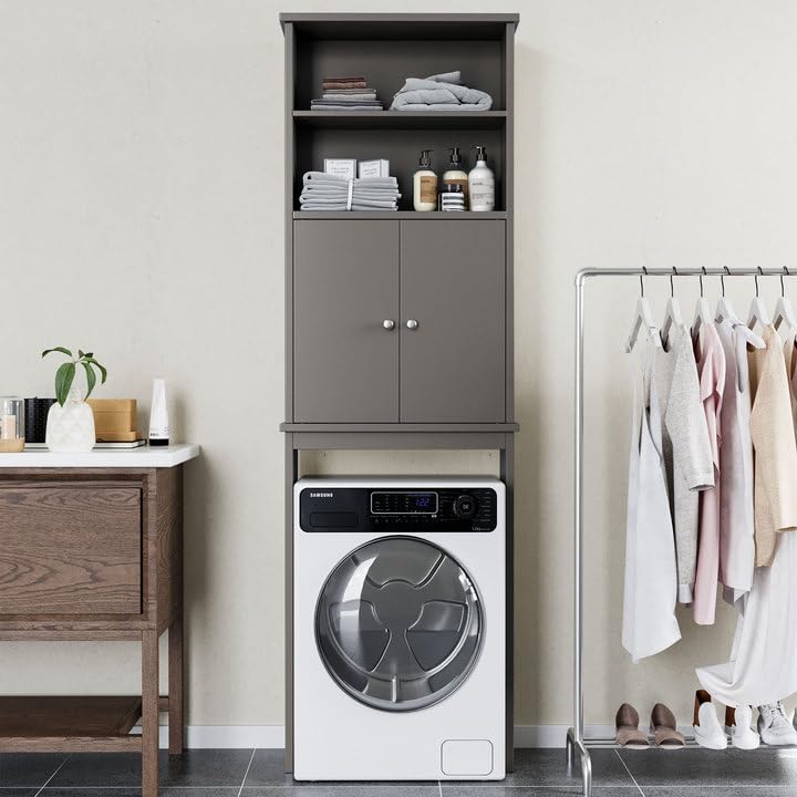 Shintenchi Over The Toilet Storage Cabinet, Bathroom Above The Toilet Rack, Bathroom Adjustable Shelf Organizer with Open Bottom Bar and Anti-Tip Device, Gray - color: Grey, size: 2 Open Shelves