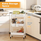 3-Tier Folding Rolling Utility Cart with Wheels, Foldable Storage Cart Organizer with 3 Hanging Cups & 6 Hooks for Kitchen, Office, Living Room, Nursery(White) - color: White