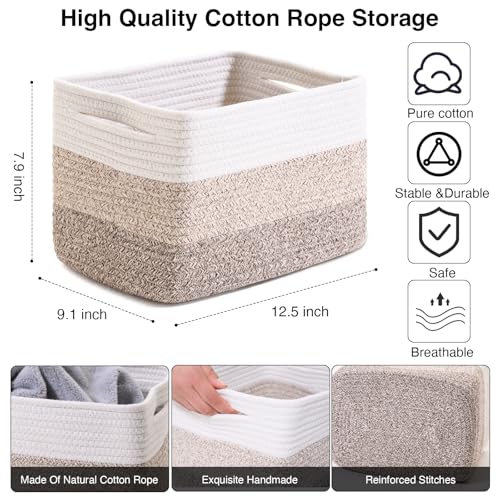 ICERZCZ Shelf Baskets for Organizing, Storage Baskets for Shelves, Woven Baskets for Storage, Cotton Rope Baskets with Handles for Toy, Book, Clothes, 12.5"Lx9.1W"x7.9H", (4 Packs) Gradient Brown - color: Gradient Brown, size: 12.5"(l)×9.1"(w)×7.9"(h)