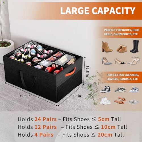 Aokeyee 2 Pack Shoe Organizer for Closet, Large Shoe Storage Box Fits up to 48 Pairs, Space Saving Foldable Shoes Organizer Bin w/Clear Cover and 4 Reinforced Handles, Black - color: Black, size: Fits up to 48 Pairs