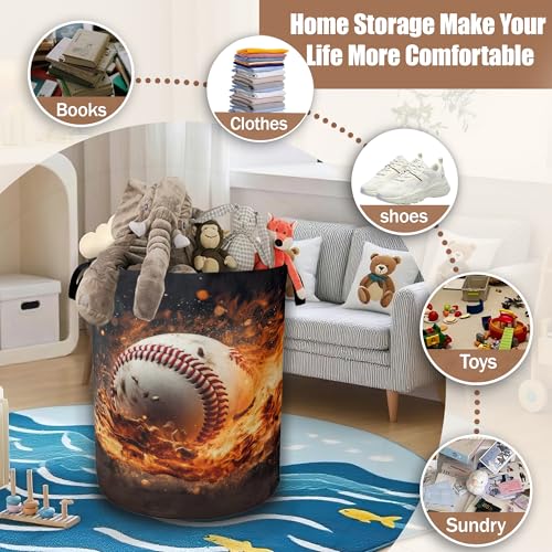 Sport Baseball Ball In Fire Laundry Hamper, Collapsible Laundry Baskets Waterproof Oxford Cloth With Handles,Clothes Storage Bucket Toy Organizer For Bathroom/Nursery/Bedroom 16" x 20.8" - color: Sport Baseball Ball In Fire