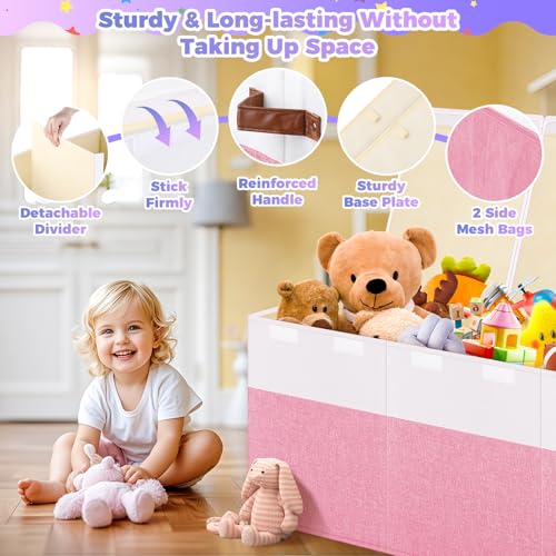 Extra Large Toy Storage Box with Lid, Collapsible Sturdy Toys Chest Storage Organizer Bin Basket with Divider for Kids, Boys, Girls, Closet, Playroom, Bedroom, Nursery, 40"X14"X16", Pink & White - color: Extra Large Pink & White