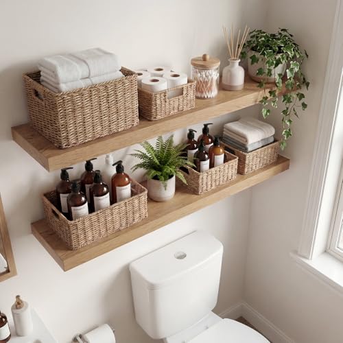 INHABIT UNION Oak Floating Shelves Set of 2，35.43in Wall Mounted Display Ledge Shelves for Bedroom, Bathroom, Living Room and Kitchen Decoration Storage - color: Oak, size: 35 Inch