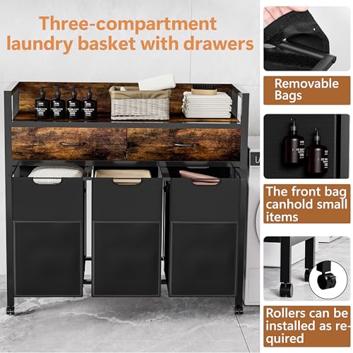 Laundry Sorter 3 Section,144L Hamper with Non-Woven Drawers,360° Rolling Laundry Basket,Pull-Out and Removable Oxford Fabric Laundry Bags,Rustic Brown and Black